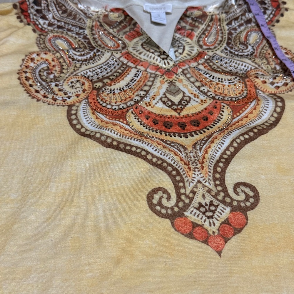 3/$10 Chico's Yellow Orange Paisley Rhinestone Accented Blouse - Picture 6 of 9